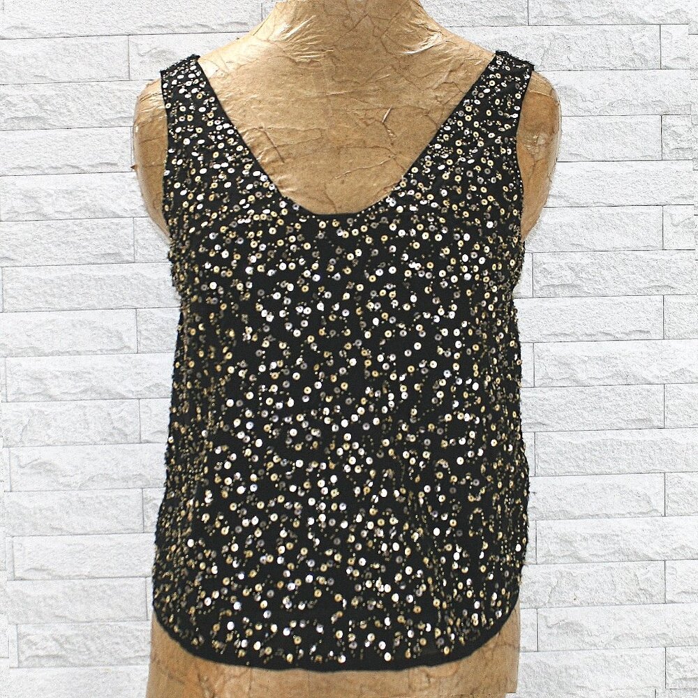 HARLOWE & GRAHAM Tank Top Sequin Blouse Cropped Black Beaded Embellished XS